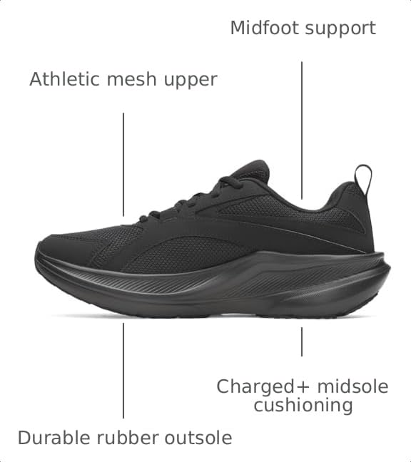 Under Armour Men's Charged+ Assert 11 Running Shoe, (002) Black/Black/Black, 12, US