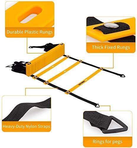 TOCO FREIDO Speed&Agility Training Set – 20ft Agility Ladder Set with 12 Rungs, 4 Adjustable Training Hurdle, 12 Disc Cones, 2 Resistance Bands, 1 Running Parachute and Footwork Drills Equipment