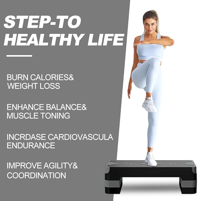Aerobic Exercise Step, Adjustable Aerobic Stepper for Exercise, Workout Step Platform for Step Up, 26.5" Step Deck with 4??6??8??Adjustable Height Risers, Women Home Gym Cardio Fitness