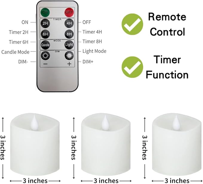3x3 Flickering Flameless Candles Set of 3,3 inch Real Wax LED 600 Hours Battery Candles with Timer Remote,Control for Wedding Party Indoor,White