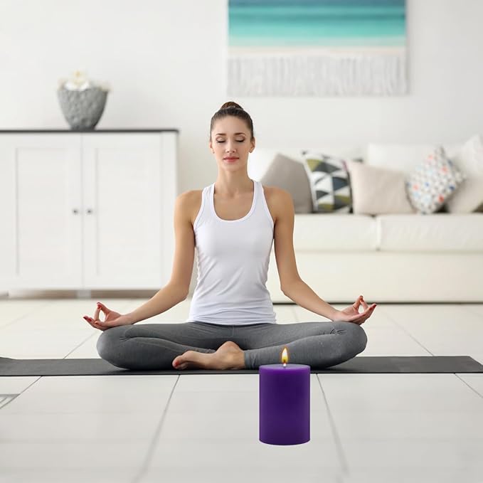 4 Packs 2x3 Inch Unscented Purple Pillar Candles, Small Dripless 24 Hours Solid Colored Column Cylinder Candles for Home Dinner Table Relaxation Spa Decoration