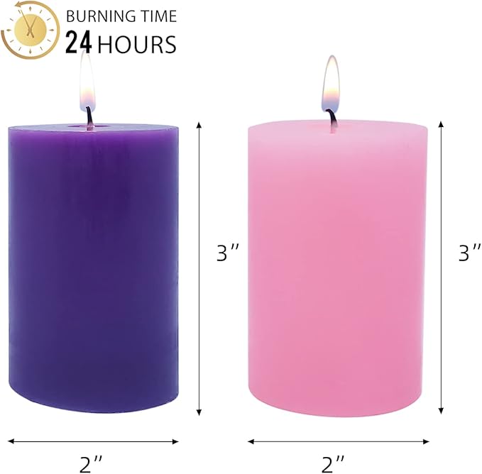 2x3 Inch Advent Pillar Candles Set of 4 Unscented Dripless Purple Pink Candles for Christmas Weddings Home Holidays Relaxation Spa Church