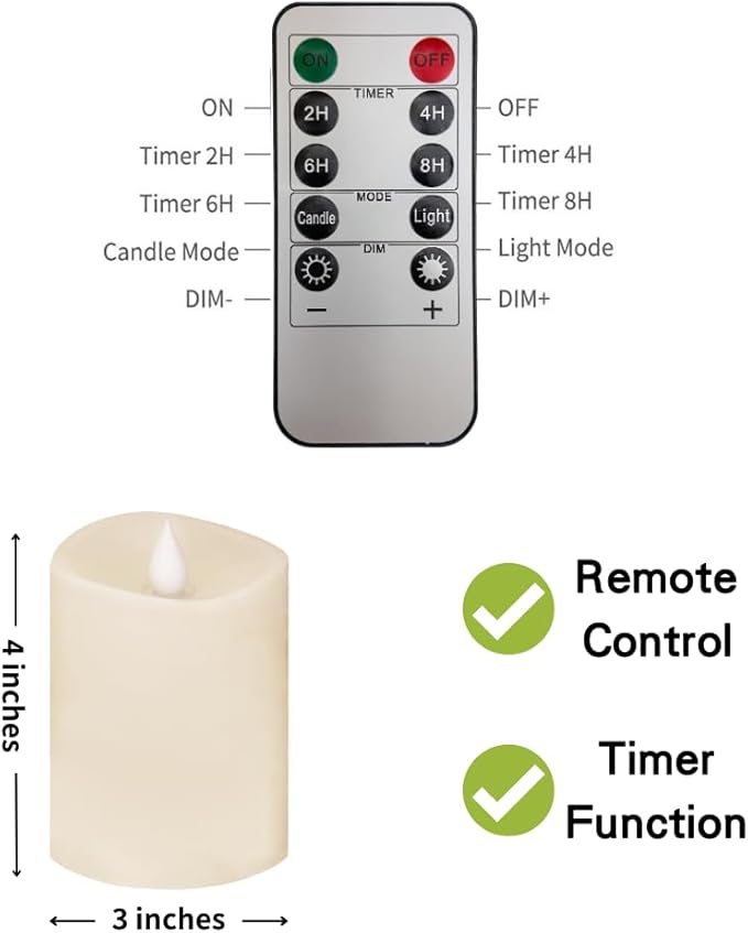 3x4 Flickering Flameless Candles Set of 1,4 inch Real Wax LED 600 Hours Battery Candles with Timer Remote,Control for Wedding Party Indoor,Ivory