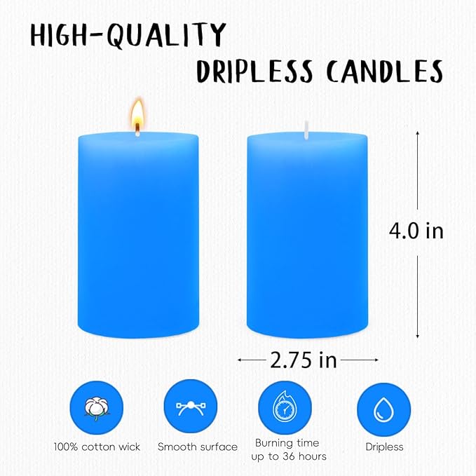 6 Packs Unscented 2.75x4 Inch Light Blue Pillar Candles, Non-Toxic Dripless Cylinder Wax Colored Candles for Home Table Holiday Party Spa Decor Emergency Power Outage