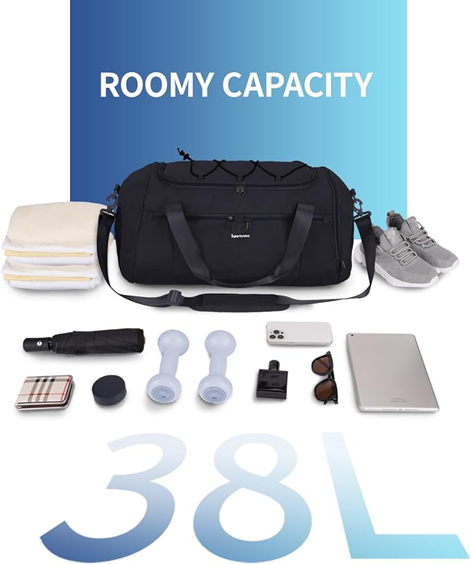 Sportsnew Gym Bag for Men Women with Shoe Compartment Wet Pocket,Yoga Bag with Yoga Mat Holder,Duffel Bag for Travel with Laptop Compartment,Weekender Overnight Carry On Bag(Black Patent Pending)