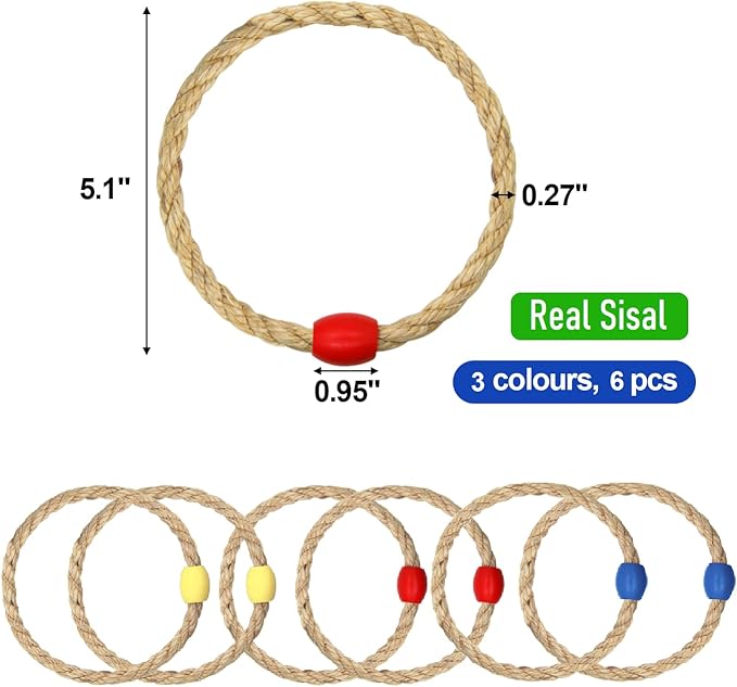 6 Pack Multicolor Sisal Rope Ring Toss Game Replacement Parts for Adults and Kids, Outdoor Toss Rings for Agility/Speed Practice and Yard Games and Lawn Games for Party (3 Colors-Red Yellow Blue)