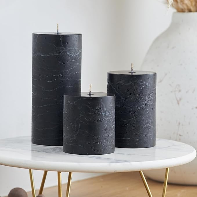 Simply Soson 3x3 inch Black Pillar Candles Set of 3, Rustic Texture, Unscented Black Candles, Dripless Candles, 3 inch Pillar Candles Ideal as Wedding, Parties, Spas, Dinner, Home Decoration, Church