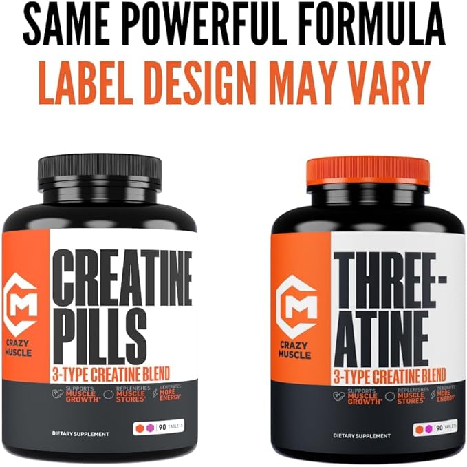 Crazy Muscle, Creatine Pills, 5g 3X Pure Creatine Monohydrate, Pre Workout Bulk Muscle Mass Gainer, High Absorption Easy to Take ThreeAtine 3 Type Optimum Performance for Lean Growth Men Women