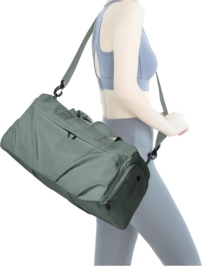 Gym Bag for Women Men with Shoe Compartment, Sport Duffel Bag, Waterproof Travel Weekender Overnight Carry on Bag for Yoga with Trolley Sleeve, Green