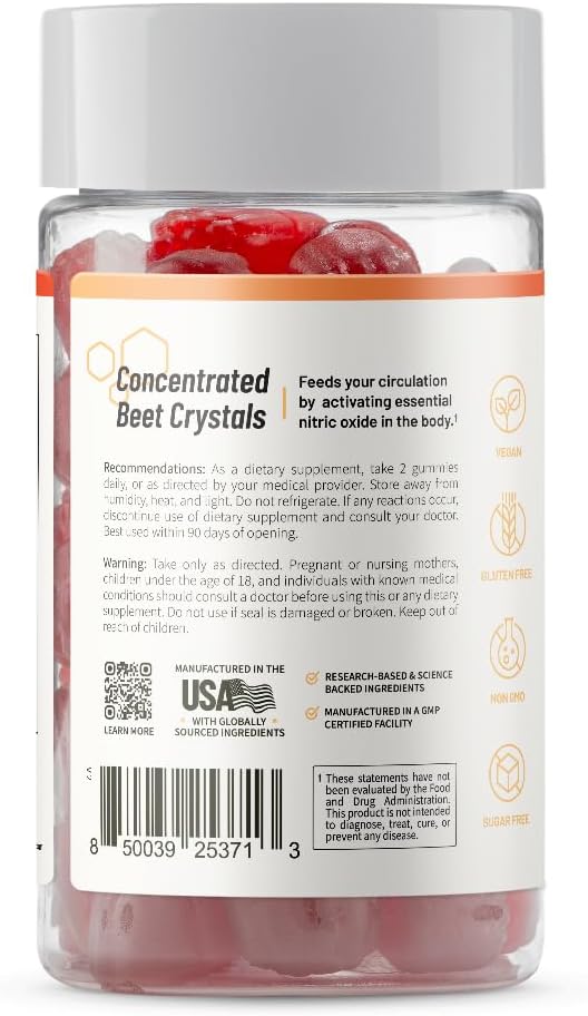 Snap Supplements Beet Root Gummies, Nitric Oxide Supplement with Organic Beets, Vitamins, Pomegranate and Antioxidants for Energy, Circulation Support, 60 Sugar Free Gummies, Peach