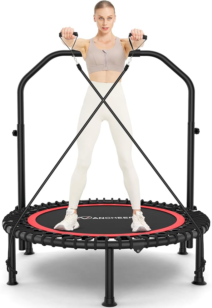 ANCHEER 40" Foldable Mini Trampoline,Max Load 450lbs/550lbs Indoor Trampoline,with 4 Level Adjustable Foam Handle and Resistance Bands,Adult Exercise Trampoline for Home, Garden, and Gym