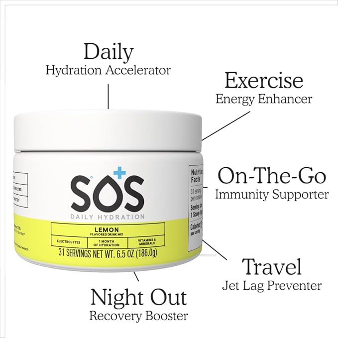 SOS Hydration Electrolyte Drink Mix (31 Servings) – Low Sugar, 15 Calorie, Keto-Friendly & Rapid Rehydration (31 Servings, Lemon)