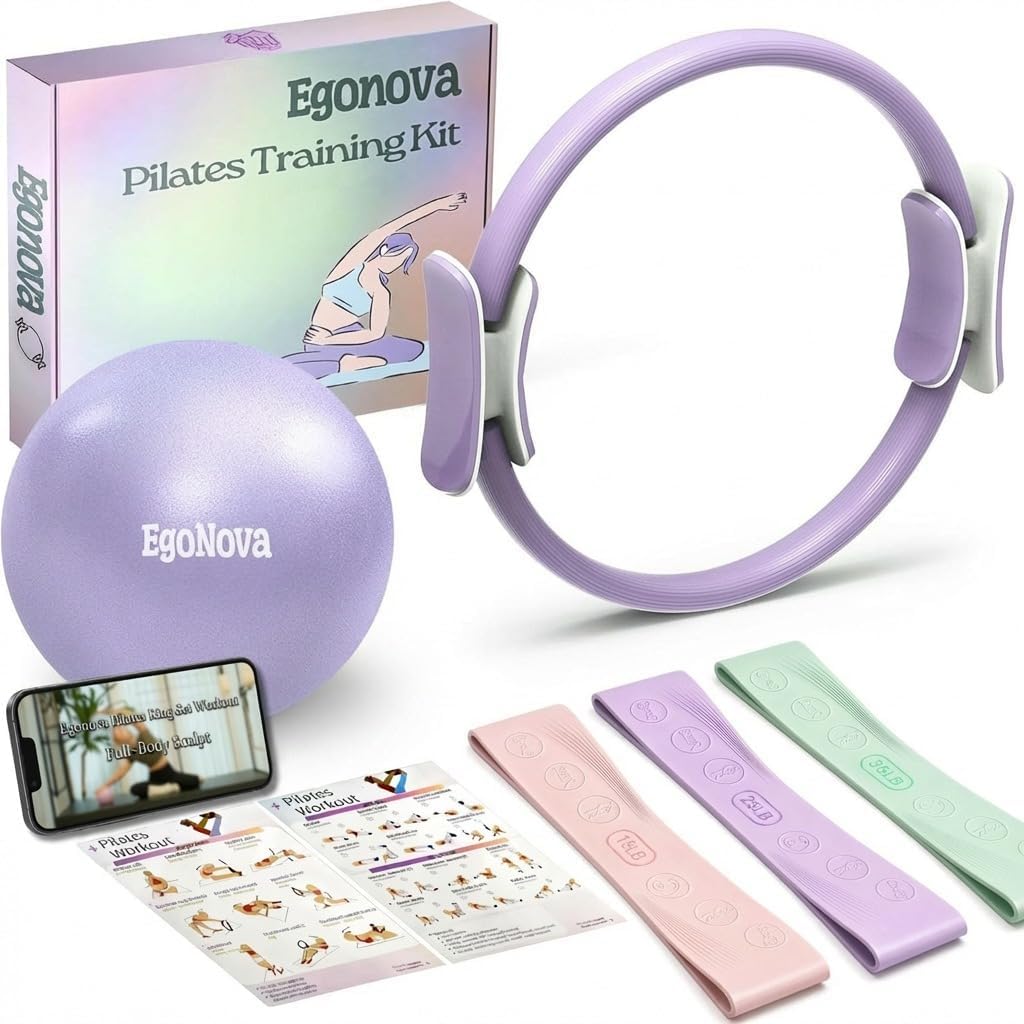 EgoNova Pilates Ring Set: 35cm Magic Circle with Dual Padded Handles, Pilates Mini Ball, and