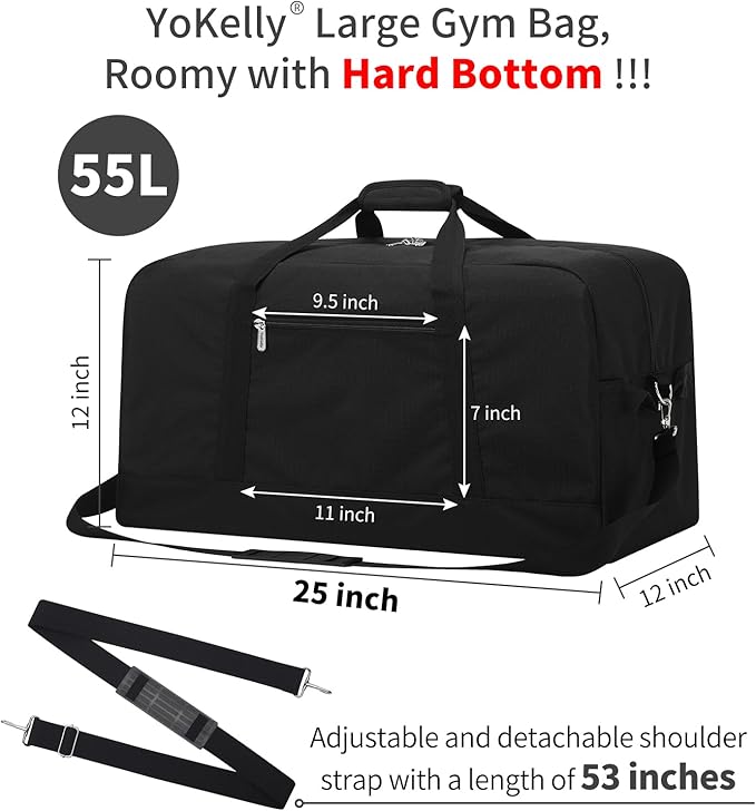 55L Large Duffle Bag for Men Travel - 25 inch Weekender Duffel Bag with Hard Bottom - Black