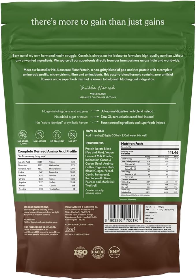 No Nonsense Plant Protein | Organic Brown Rice & Pea Isolate | Easy Digestion | 24G Protein/Serving | Gluten & Lactose Free | (Chikmagalur Mocha, 500g)