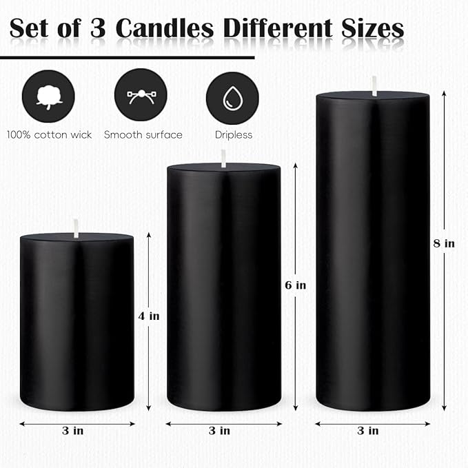 3 Packs Unscented Different Size Black Pillar Candles, Dripless Non-Toxic Smokeless 3x4, 3x6, 3x8 Inch Cylinder Candles for Halloween Wedding, Dinner Table, Party, Power Outage, Emergency