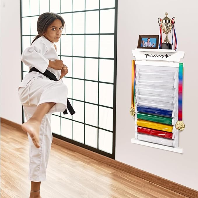 Tilhumt 12/10 Belts Karate Belt Display Rack with Stickers, Taekwondo Belt Display with Trophy/Photo Rack, Felt Dustproof Design, Easy to Put in Belt, Martial Arts Belt Display for Adults