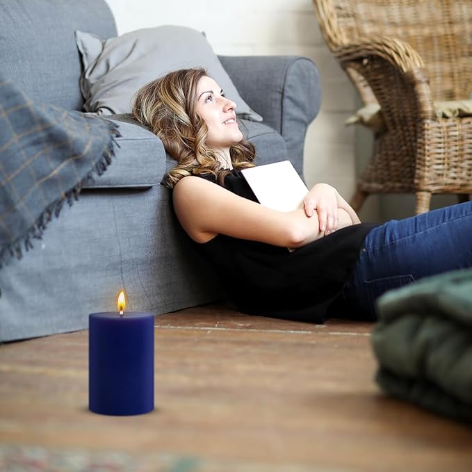 4 Packs Unscented 2x3 Inch Navy Blue Pillar Candles, Small Dripless Colored Wax Column Cylinder Candles for Home Garden Camping Dinner Table Decoration - 24 Hours Burning