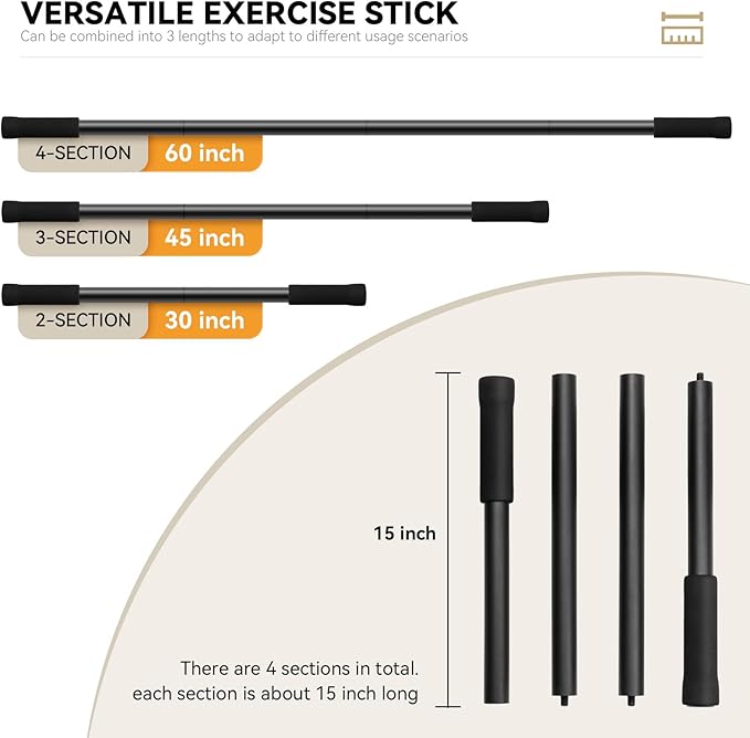 Yoga Stick 5ft Adjustable Stretching Stick, Versatile Exercise Stick Non-Slip Ends and Sponge Handles for Fitness, Flexibility and Balance, Posture Correction - Black