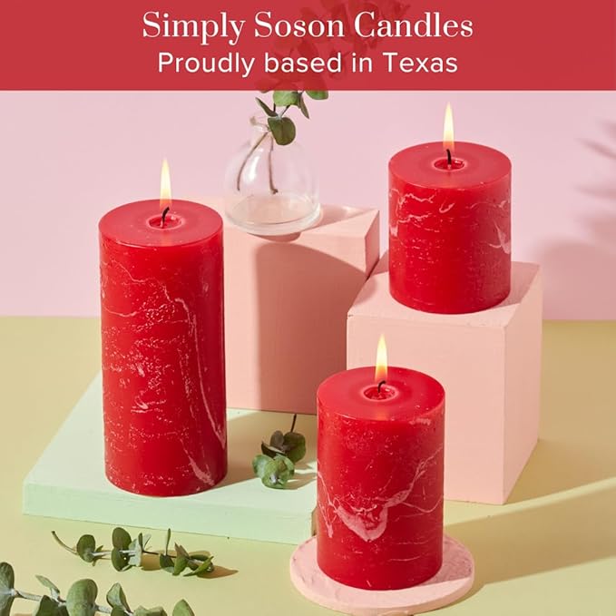Simply Soson Red Rustic Texture Pillar Candles 3x3 inch - Set of 3 - Unscented Decorative Red Candles, No drip, Ideal as Large Candles for Home Decor, Weddings, Holidays