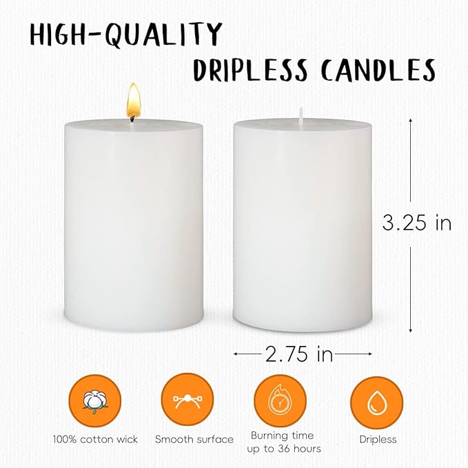 6 Packs 2.75x3.25 Inch White Pillar Candles, Unscented Dripless Non-Toxic Smokeless Clean Long Lasting Burning Cylinder Candles for Home Dinner Table Decoration Emergency Power Outage