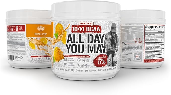 5% Nutrition Rich Piana AllDayYouMay BCAA Powder | Premium Intra & Post Workout Amino Acids, Hydration, Endurance, Muscle Recovery, Joint & Liver Support | 15.87 oz, 30 Servings (Push Pop)