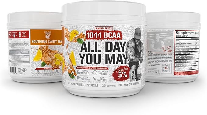 5% Nutrition Rich Piana AllDayYouMay BCAA Powder | Premium Intra & Post Workout Amino Acids, Hydration, Endurance, Muscle Recovery, Joint & Liver Support | 16.3 oz, 30 Servings (Southern Sweet Tea)