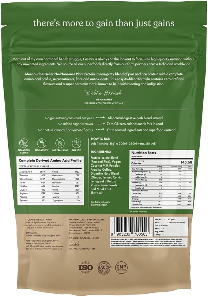 No-Nonsense Plant Protein, 21g Organic Brown Rice & Pea Isolate, Plant Based, Vegan, Gluten/Dairy Free, Sugar Free, Vanilla Latte, 1.1lb (1pk, 13 Servings)