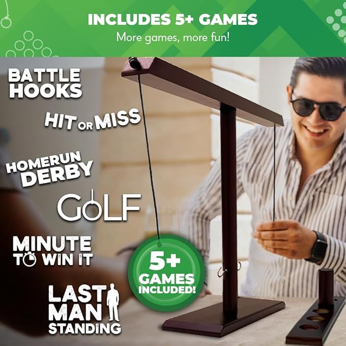 Swooc Games® - Battle Hooks XL Hook and Ring Game with Ladder - 20 Second Set Up - Hook and Ring Toss Game for Adults - Wooden Ring Hook Tossing Game - Tabletop Ring Hook Game