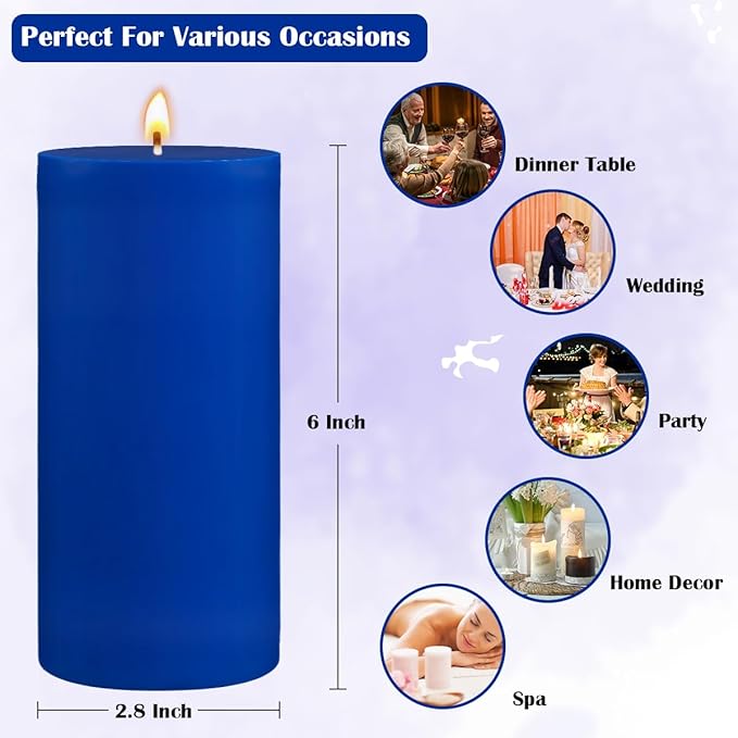 3 Packs 2.8x6 Inch Blue Colored Pillar Candles, Unscented Dripless Non-Toxic Smokeless Clean Long Lasting Burning Cylinder Candles for Home Dinner Table Decoration Emergency Power Outage