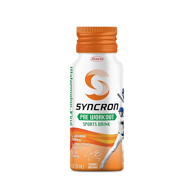 Syncron Pre Workout Sports Drink Endorsed by Shohei Ohtani, Aluminum Bottled, Sugar Free Pre Workout with L Arginine, L Citrulline & BCAAs for Athletes & Training, Watermelon Kiwi, 6 Pack, 2 oz