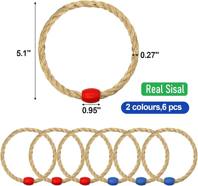 6 Pack Sisal Rope Ring Toss Game Replacement Parts for Kids and Adults, Outdoor Toss Rings for Agility Practice and Speed Game,Yard Games Lawn Games for Party(Red and Blue)