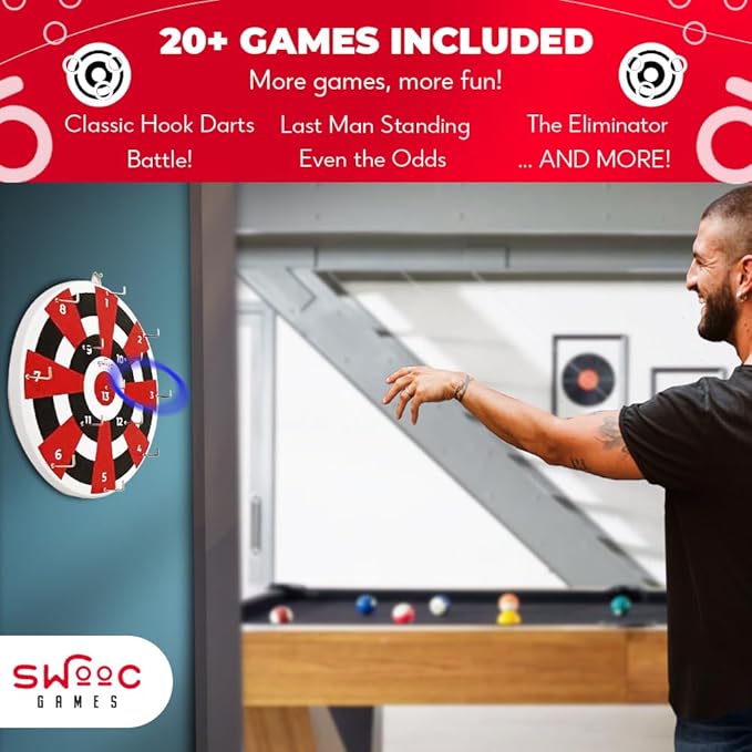 Swooc Games® ‒ Hook Darts Ring Toss Game ‒ Wood Board & Soft Rings ‒ 20+ Games Included for Kids & Adults ‒ Wall Mounted Ring and Hook ‒ Indoor & Outdoor Wall Decor for Game Room, Patio, Garage, Yard
