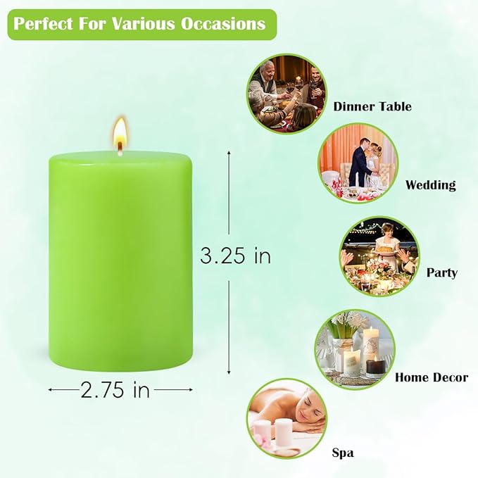 6 Packs 2.75x3.25 Inch Light Green Color Pillar Candles, Unscented Dripless Non-Toxic Smokeless Clean Long Lasting Cylinder Candles for St. Patrick's Day Home Dinner Table Power Outage Emergency