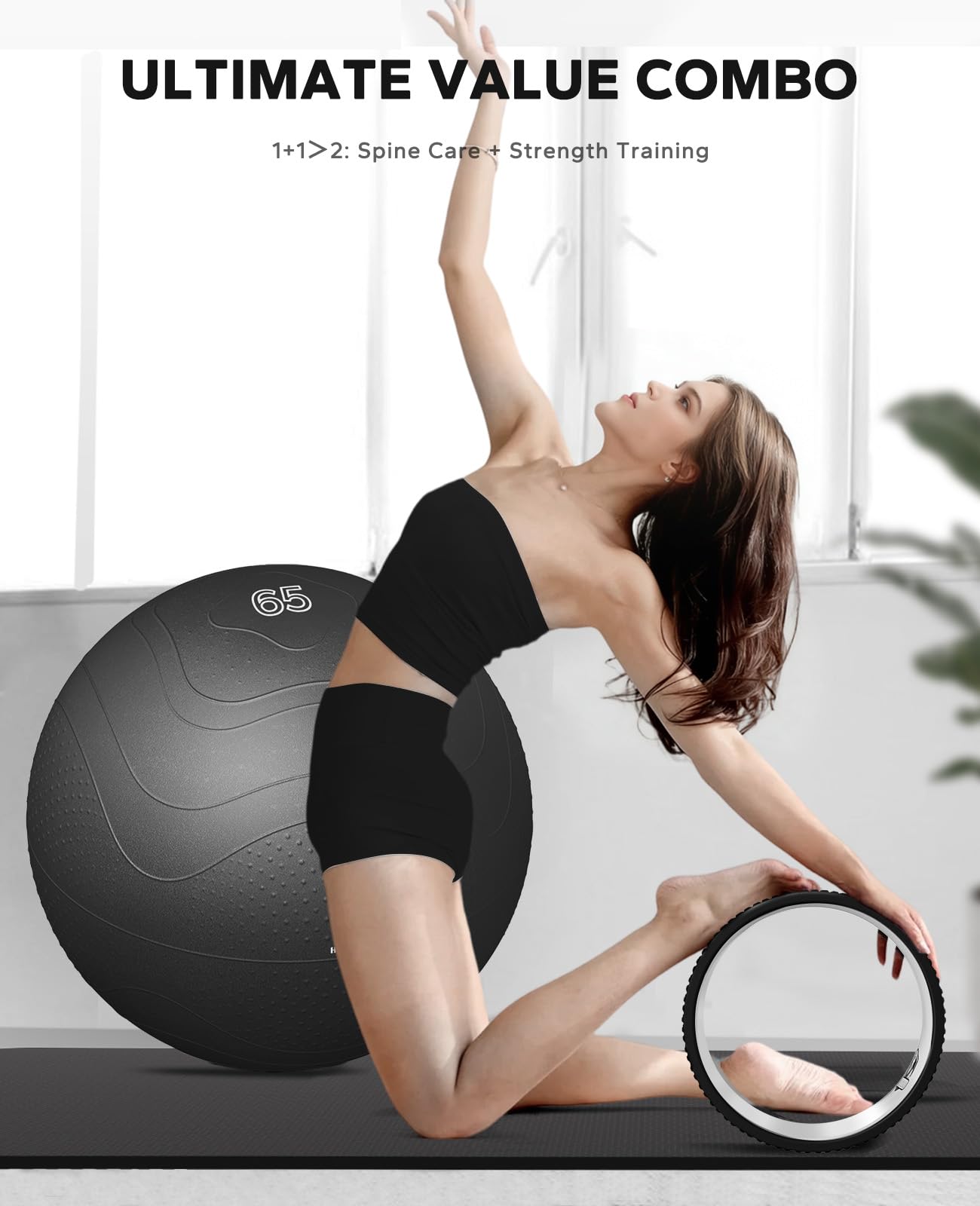 HAPBEAR Yoga Wheel Set with Exercise Ball, 12'' Back Roller Wheel for Back Pain Relief, Foam Roller