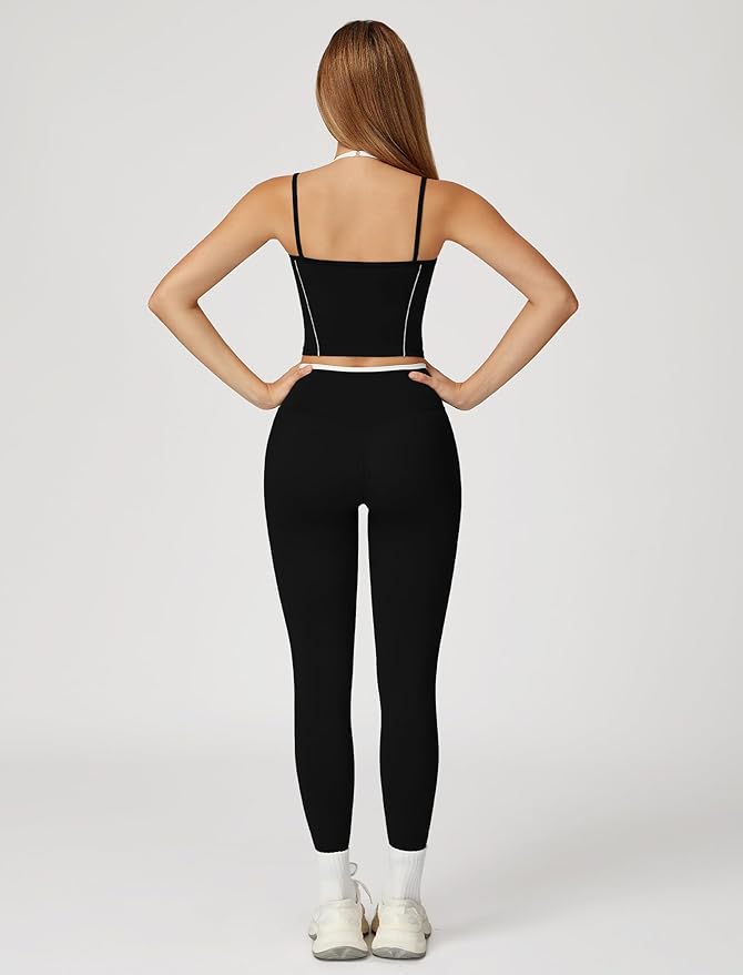 ABOCIW Workout Sets for Women 2 Piece Color Block Strappy Sports Bra High Waist Leggings Gym Yoga Pilates Outfits