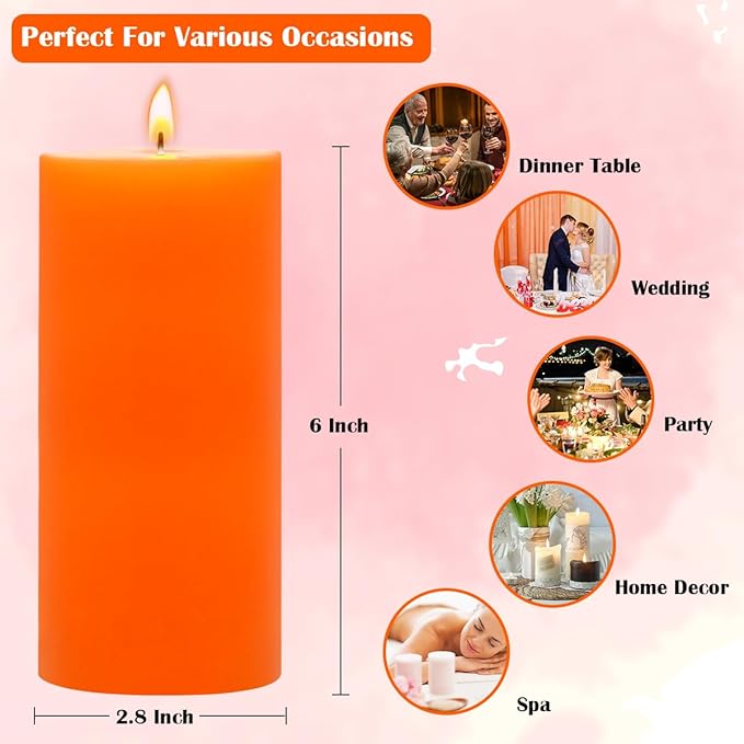 3 Packs 2.8x6 Inch Orange Pillar Candles, Unscented Dripless Non-Toxic Smokeless Long Lasting Fall Colored Cylinder Candles for Thanksgiving Day Home Dinner Table Power Outage Emergency