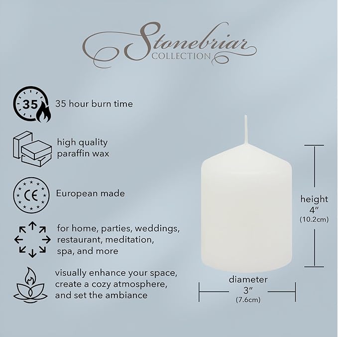 Stonebriar 3 Pack Tall 3 x 4 Inch 35 Hour Long Burning Unscented White Wax Pillar Candles