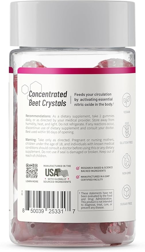 Snap Supplements Beet Root Gummies, Nitric Oxide Supplement with Organic Beets, Vitamins, Pomegranate and Antioxidants for Energy, Heart Health & Circulation Support, 60 Sugar Free Gummies, Cherry