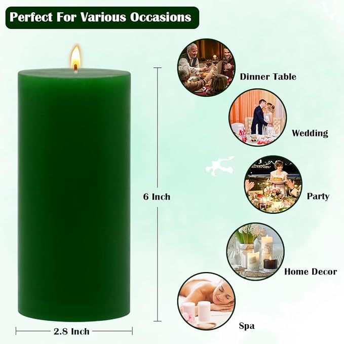 3 Packs 2.8x6 Inch Green Pillar Candles, Unscented Dripless Non-Toxic Smokeless Clean Long Lasting Burning Cylinder Candles for St. Patrick's Day Home Dinner Table Power Outage Emergency