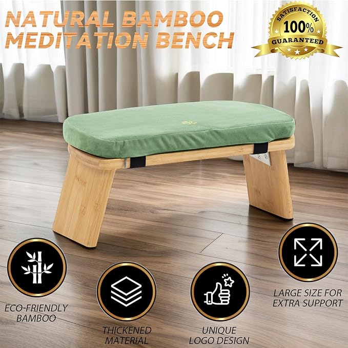 Meditation Bench, Bamboo Meditation Stool, Folding Kneeling Meditation Bench, Seiza Prayer Bench, Prayer Bench with Meditation Cushion, Kneeling Stool (Green & Bag)