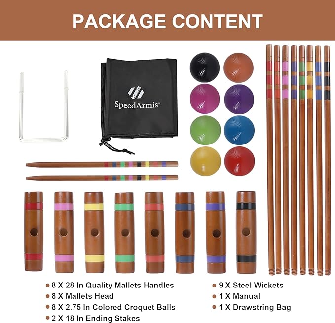 28In Croquet Party Set for 8 Players - Made of Long-Lasting Pine Wood, Family Fun for Backyards, Lawn and More, Comes with Colorful Mallets, PE Balls, Wickets, Stakes, and Carrying Bag