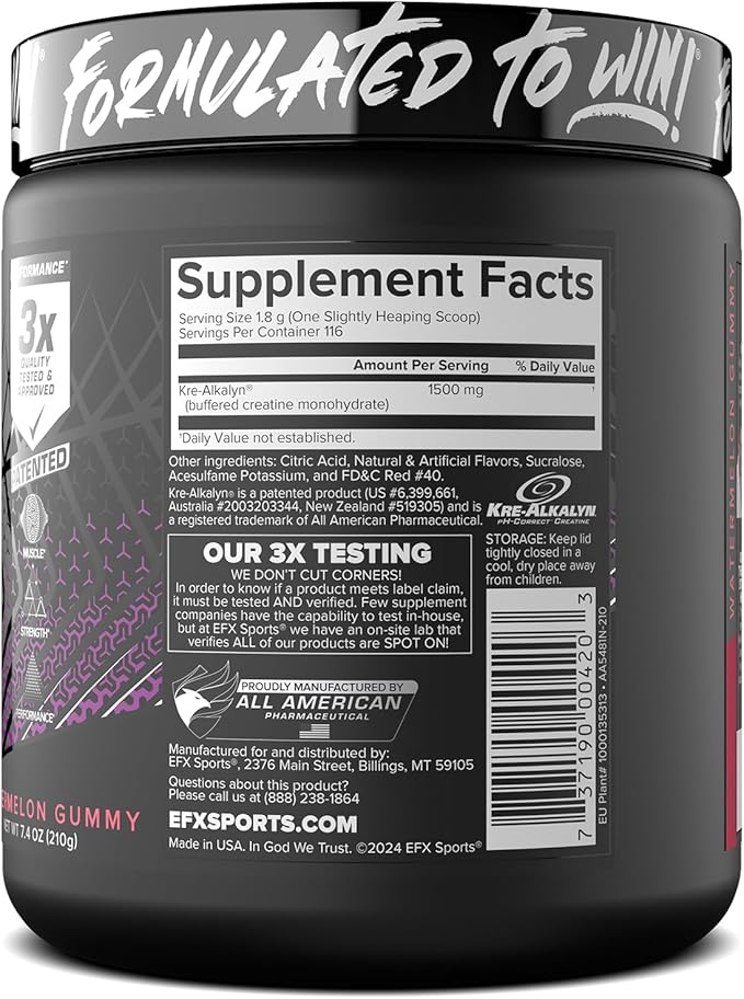 EFX Sports Kre-Alkalyn EFX Powder | pH Correct Creatine Monohydrate Powder Supplement | Strength, Muscle Growth & Performance | 116 Servings (Watermelon Gummy)