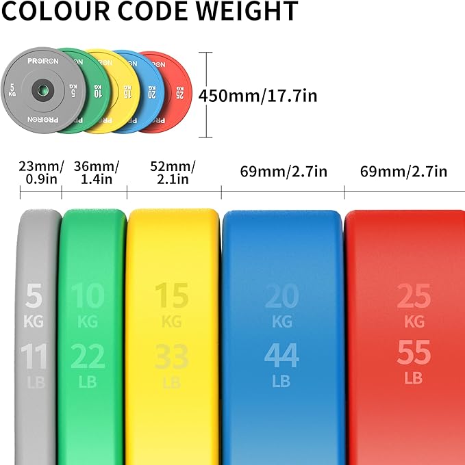 PROIRON Olympic Rubber Bumper Plates,Floor Protective Weight Plates,2" Solid Weight Plates for Barbell Strength Training and Weight Lifting,Less Impact, Absorb Bounce & Shock,5KG(11LB)/10KG(22LB)/15KG(33LB)/20KG(44LB),Single or Pair
