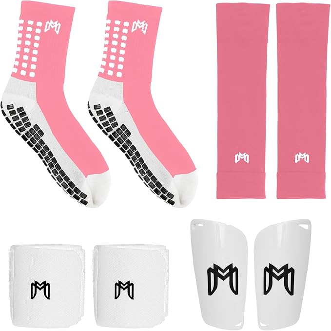 Soccer Grip Socks, Shin Guards, Pre Cut Sock Sleeves, and Guard Straps Bundle Pack - Essential Equipment for Soccer Players - for Mens, Women, Youth, Size 7 to 12 US Men Shoe Size