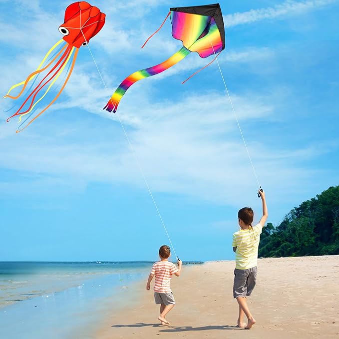 3 Pack Large Kites, Large Butterfly Kite, Colorful Delta and Red Octopus for Girls Boys Ages 4-8, 8-12, Adults