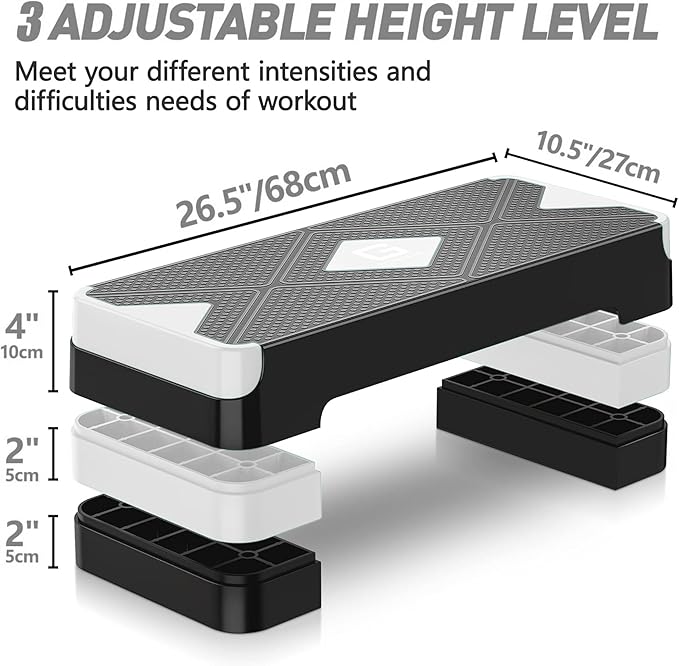 Aerobic Exercise Step, Adjustable Aerobic Stepper for Exercise, Workout Step Platform for Step Up, 26.5" Step Deck with 4??6??8??Adjustable Height Risers, Women Home Gym Cardio Fitness