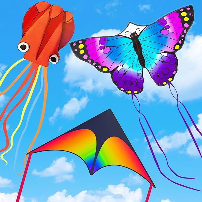 3 Pack Large Kites, Large Butterfly Kite, Colorful Delta and Red Octopus for Girls Boys Ages 4-8, 8-12, Adults