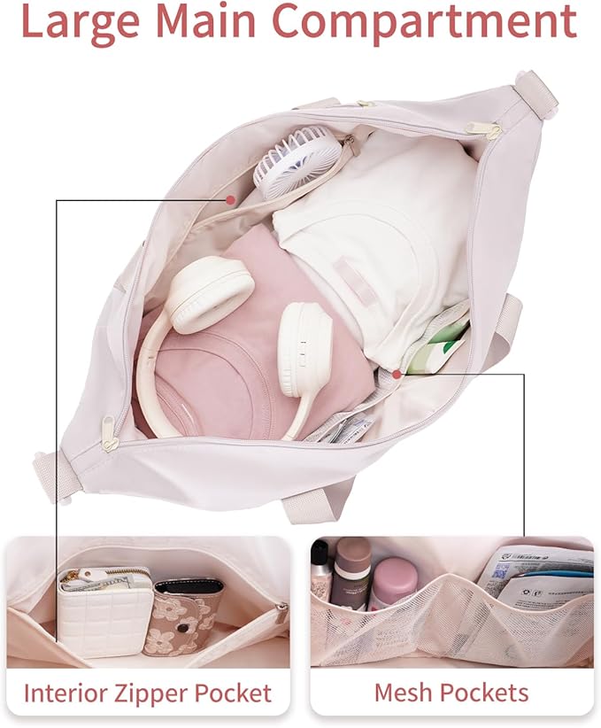 sportsnew Gym Travel Bag for Women, Large Travel Duffel with Shoe Compartment and Wet Pocket, Water Resistant Weekender Overnight Carry on Sports Tote Bags, Beige,Patent Pending