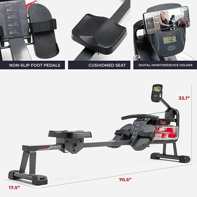 Sunny Health & Fitness Premium Water Rower w/Intensive Dynamic Real-Time Resistance, 300 LB Capacity Flip-able Rowing Machine for Home Training, Optional Free SunnyFit App Connection
